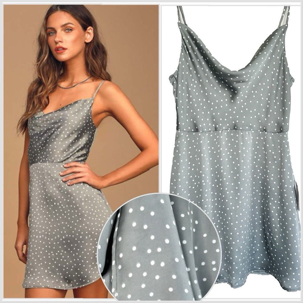 Lulus Sage Grey Polka Dot Mini Dress Cowl Neck Satin Slip Dress M Pinup Girl NWT